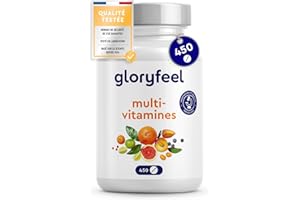 GLORYFEEL Multivitamines et Minéraux, 450 Comprimés (+1 An), Avec Zinc, Sélénium, Calcium, Biotine, Vitamines A, B1, B2, B3, B6, D3 et de la Vitamine C, Immunité, Fatigue, Muscles, Os et Peau