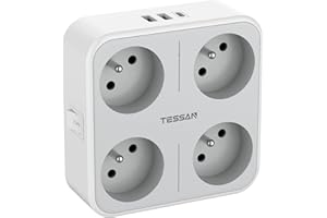 TESSAN Multiprise Murale Française avec 4 Sortie AC et 3 Ports USB, 7 en 1 Prise Électrique 4000W avec Interrupteur, Secteur USB C Gris Convient pour Domicile, Bureau, Compatible pour Phone, Pad