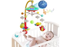 Eners Culla mobile con musica e luci, mobile per culla con telecomando, rotazione, proiezione luna e stella, giocattoli per culla per bambini e ragazze (rosso)