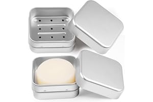 WINKIO Seifendose Reise 2 Stück, Aluminium Seifenbox mit Abtropfgitter und Deckel, Seifenschale Klein für Rasierseife Herren, Ziegenmilchseife,Festes,Shampoo, Edelstahl Soap Box