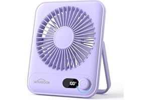 WHATOOK Cichy wentylator stołowy USB Bezstopniowy regulator 1-100, akumulator 5000 mAh, szybkie ładowanie, wyświetlacz LED, przenośny, kompaktowy, do biura, domu, na kemping, w podróży, liliowy