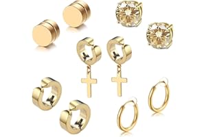 IMACZI Fu You 5 Paare Set Edelstahl Gold Ohrringe für Herren Damen, Ohrringe Magnet Herren Kreuz Ohrringe Creolen, Ohrringe Diamant Herren Damen,Fake Clip Ohrringe Ohne Ohrloch Non-Piercing Ohrclips Gold