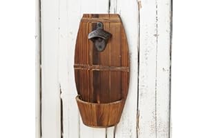 AROLA Wooden Wall Mounted Beer Barrel Barrel Bottle Opener, Vintage Bottle Opener with Cap Collector Catcher, Gift for Men and Beer Lovers, Use as Bar Decoration