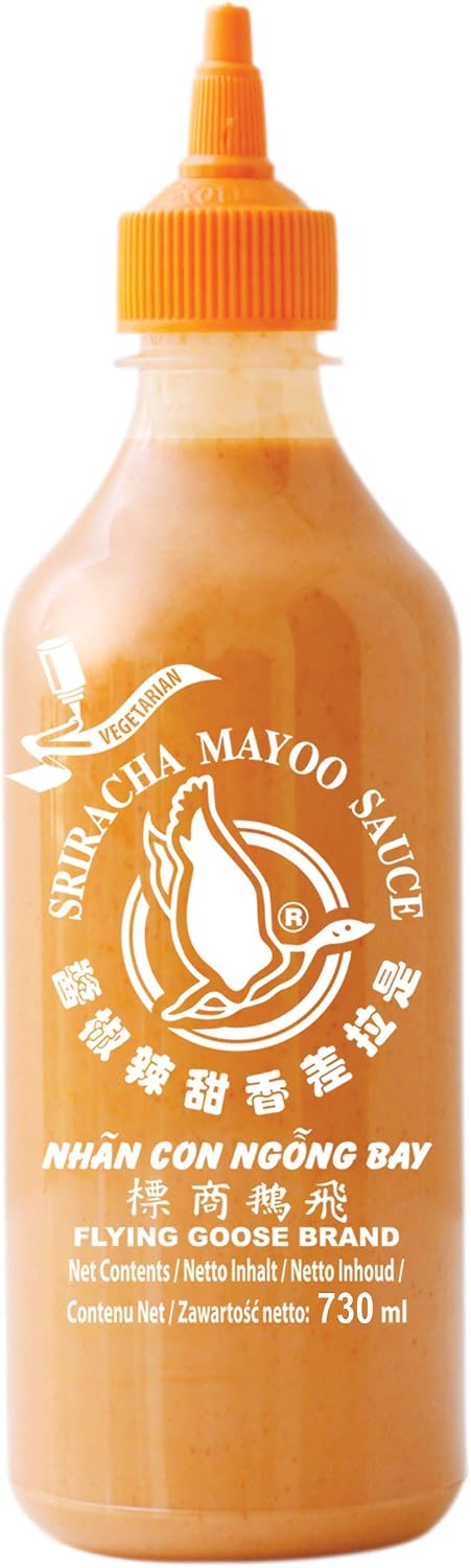 Flying Goose Sriracha Mayoo Sauce, Mayonesa, ligeramente picante, tapa naranja, salsa para condimentar de Tailandia, 1 x 730 ml