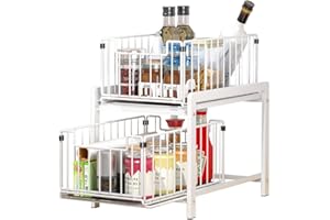 YunNasi Almacenaje Bajo fregadero 2 Niveles Organizador con cestas deslizantes Especiero con 2cajones Acero inoxidable Organizador para Cocina,Baño,Oficina (Regular, BlancoBlanco)
