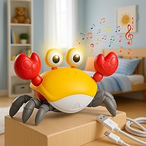 Storio Rechargeable Crawling Crab Baby Toddlers Toy for Kids Infant Tummy Time | Interactive Moving Toys for Babies 12 Months Electric Sensor Musical Dancing Walking Crab Toy Gift for Kids 1 2 3 Year