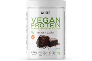 Weider Vegan Protein (540g) Gusto Cioccolato Brownie. Proteine 100% Vegane 21g/dose isolate di piselli e riso, con Vitamina B12, Stevia, estratti vegetali, Senza Glutine, Senza Zucchero (18 porzioni)