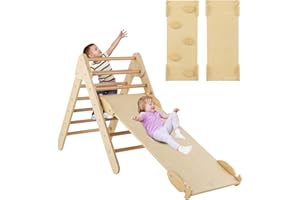 COSTWAY 3 en 1 Triángulo de Escalada con Rampa Ajustable para Escalar y Deslizarse, Escalador Triangular de Madera, Juguetes Triangulares de Escalada para Niños (Natural)