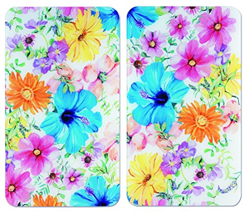 WENKO 2521454500 Herdabdeckplatte Universal Blütentraum - 2er Set, für alle Herdarten, Gehärtetes Glas, 30 x 1.8-4.5 x 52 cm, Mehrfarbig