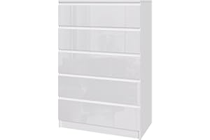 Panana Modern High Gloss Chest of Drawers, 3/4/5/6 Drawer Wooden Dresser with Metal Runner Bedside Table No Handle Sleek Design Storage Organizer Unit for Living Room Bedroom (White, 5 Drawers)