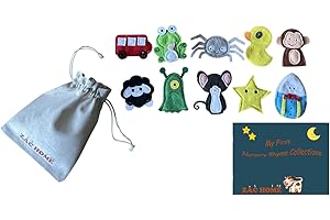 ZAC HOME Nursery Rhyme Finger Puppet Set with a little cow hold all bag- Set of 10 including 10 Nursery Rhymes Lyris Collection