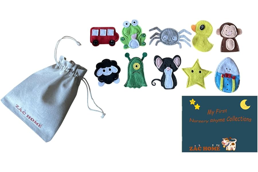 Nursery Rhyme Finger Puppet Set with a little cow hold all bag- Set of 10 including 10 Nursery Rhymes Lyris Collection