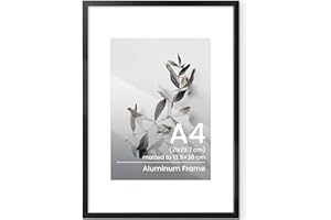 FEIHORRM A4 Frame Black, Metal Aluminium A4 Picture Frame, A4 Photo Frame 21x29.7 cm with Mount for A5 Prints, Certificates Documents Poster Frames with Tempered Glass for Vertical & Horizontal Wall Hanging
