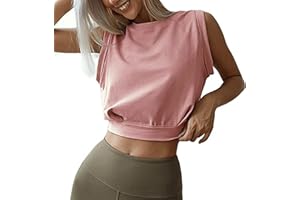 FFWTPY Débardeur de Sport Femme Crop Tank Tops Haut à col Rond Y2K Yoga Shirts sans Manches Chemises Basiques Respirant Été pour Running Fitness Jogging