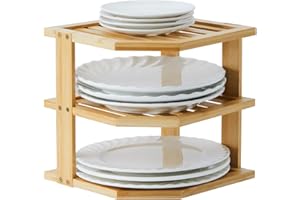 YOUDENOVA Bambusowy Organizer na Naczynia 25 x 25 x 25, Wkład do Szafki Narożnej, 3-Poziomowy Regał Kuchenny, Ociekacz, Stojak na Talerze