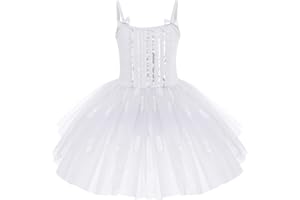 IWEMEK Robe Ballet Fille Tutu Danse Classique Sans Manches Bretelles Spaghetti avec Nœud Papillon Tulle Paillettes Plume Justaucorps Gymnastique Costume Ballerine Princesse Une Pièce 3-10 Ans
