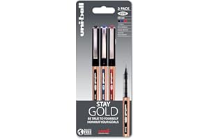 Uni-Ball UB-150-10 Eye On Point Stay Gold Broad Ballpoint Black, Blue and Red Pens. Premium 1.0mm Rollerball Tip for Super Smooth Handwriting. Fade and Water Resistant Liquid Uni Super Ink. Pack of 3