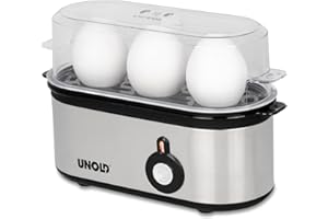 ‎UNOLD UNOLD 38610 Eierkocher Mini, Edelstahlgehäuse, Eiereinsatz mit Griff für 1 bis 3 Eier, Signalton, Betriebskontrollleuchte und 210 W, inkl. Messbecher