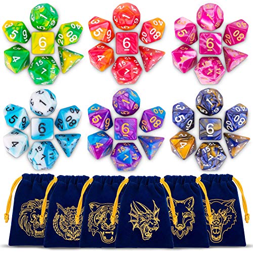 QMAY DND Dice Dungeons and Dragons Dados de 42 Piezas con 6 Bolsas de Dados y 1 Flowy Tin DoubleColors Dados poliédricos para Dungeons and Dragons