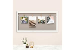 Kusso Grey and White Large Clothesline Picture Frame with Clips for Photos and Notes Wood 60x30 Centimetre. Perfect for Desk Bedroom Office Home. Personalise with your Best Memories.