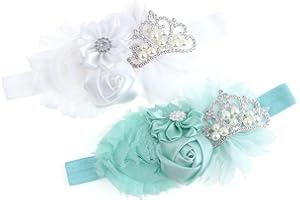 Nishine Baby Christening Headband Toddler Girls Fabric Flower Headband Tiara Stretchy Elastic in Pairs (Child, White/Mint)
