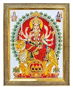 KHANNA Durga maa/ambe/sherawali on Tiger/MATA vaishno Devi pindi roop with Shiva Vishnu ji Photo Frame for Wall Hanging/Gift/Temple/puja Room/Home Decor Golden Frame Acrylic Sheet (Glass) for Worship