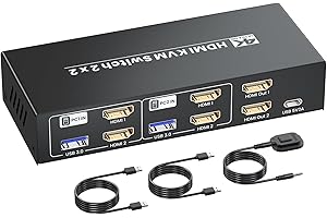 SEIRYRUC HDMI KVM Switch 2 Minitors 2 Computers, 4K@60Hz Dual Monitor HDMI KVM Switcher 2 in 2 Out for 2 PC Share Dual Monitors and 1 Set of Keyboard Mouse and Other USB Devices, Copy Mode & Extended Mode