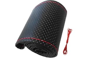 AQXREIGHT Pokrowiec na kierownicę, Uniwersalny Pokrowiec na kierownicę samochodową Szycie Ręczne Perforowana Skórzana Osłona Kierownicy z Mikrofibry o średnicy 38 Cm (Czarny czerwony)