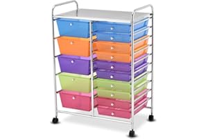 ‎COSTWAY Costway trolley, metal frame, roller container, rollable, bathroom trolley with brakes, plastic storage trolley, side trolley incl. 15 stackable drawers, household trolleys 62.5 x 37 x 87 cm