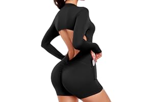 STARBILD Mujer Mono Corto Deportivo con Cremallera y Bolsillos, Gym Jumpsuits Short Zipper Push Up, Mangas Larga Una Pieza para Pilates Yoga Fitness Gimnasio