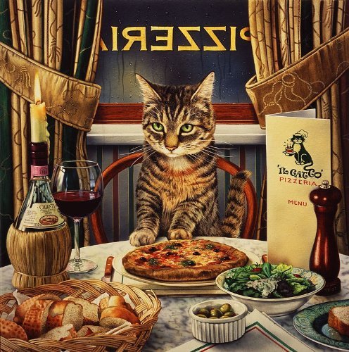OFA Greeting Cards Luciano, Le Chat à la Table en Italien à Pizza Restaurant, Carte de Vux par Geoff Tristram Carte de Vux, Dimensions?: Environ 140 x 140 mm
