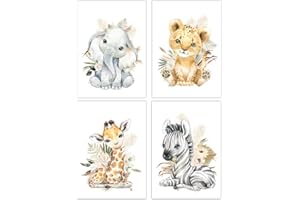 YOUIHOM 4 Laminas Animales Bosque Poster Safari León Elefante Jirafa Cebra Dibujo A4 Cuadro Habitacion Bebe Decoracion Pared Dormitorio Infantil Niña Niño Regalo sin Marco