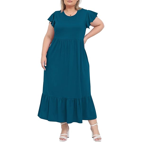 AUSELILY Zomerjurk dames lange rok ronde hals korte mouwen casual strand rok met zak(Blauwe en witte bloemen,L