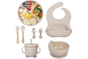 Hoidokly Kinderteller Sets 8 Stück Baby Geschirr Silikon Baby Teller Set BPA Frei Rutschfestes Baby Kindergeschirr Set mit Saugnapf Lätzchen Löffel Gabel Schüssel für Kinder,Baby(Nicht-gerade weiss)