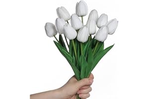 Anaoo 12pcs Tulipano artificiale bianco in lattice, bouquet fiori artificiali da sposa per la casa, matrimonio, festa, decorazione dell'ufficio, composizioni floreali,