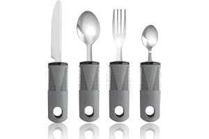 QOCO Easy Grip Cutlery Set of 4 Disability Aids Cutlery for Disabled Hands with Knife Fork Spoon Caring Cutlery Large Wide Handle Ideal Dining aid for Elderly Arthritis Parkinson Suffer Trembling Hands