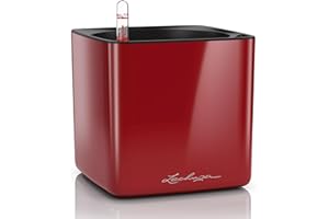 LECHUZA Self Watering Plant Pots Indoor CUBE Glossy 16 Small Plastic Planter without Drainage Hole H16 L16 W16 cm Red High-Gloss