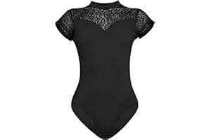 UTOWO Women Ballet Leotards Black-Lace Short-Sleeve with Elegant Swan Collar Dance-Gymnastics Yoga-Leotards