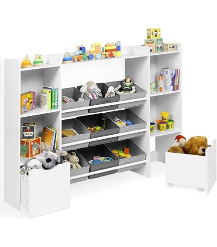 Bibliothèque Enfant FOREHILL Avec 8 Étagères Et 4 Tiroirs Roulants - 125,5x33x118cm Blanc | Rangement Jouets