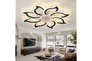 CAUFLOCE Groß Deckenlampe mit Ventilator LED Schlafzimmer Dimmbar Deckenventilator mit Licht Reversibel Modern Fernbedienung Leise Lampe mit Ventilator Blume Smart 6 Gang für Wohnzimmer, Salon-Schwarz