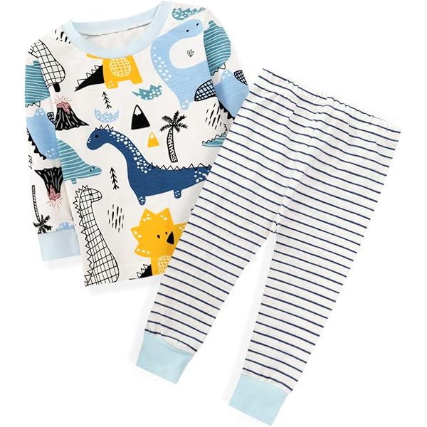 Kinder Schlafanzug Baumwolle Dinosaurier - Langarm Pyjama Set Für Jungen & Mädchen