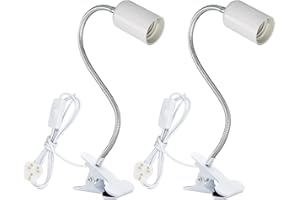 QEIDUISE White 360°Adjustable Flexible Light Base,2 Pack E27 Clip on Light Bulb Holder with Plug and Switch,E26/E27 Flexible Reading Lights Stand Clamp Lamp Fixture for Desk Bedside Headboard,White