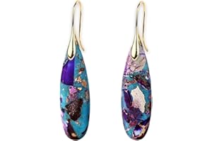 QUBITLY Natural Stone Earrings, Fishhoop Purple Gold Drop Earrings for Women, Purple Teardrop Dangle Earring, Fish Shape Bohemian Jewelry for Women