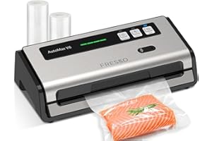 FRESKO Machine Sous Vide Alimentaire Automatique, Double Thermoscellage, Coupe-sac Intégré et Rangement des Sacs, Mode Humide et Sec, Utilisation à une Main, Avec 2 Sacs en Rouleau (Automax V6)