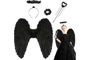 iDattel Angel Wings with Halo, Angel Wings Decoration with Magic Wand, Black Angel Costume for Women, for Halloween, Carnival, Cosplay Party, Fancy Dress Costumes (45 x 45 cm)