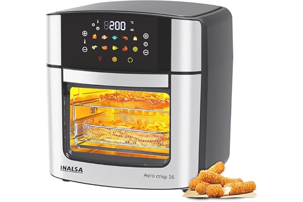 INALSA Air Fryer Oven 16L, 1800W Stainless Steel Body12-in-1 Functions,Fry,Bake,Grill,Dehydrate,Roast& Reheat 10 Preset Rotisserie & Convection Dishwasher Safe Accessories 2Yr Warranty,Aero Crisp 16