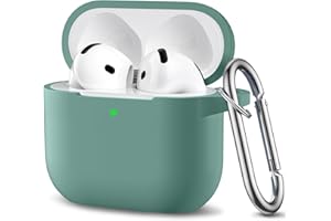 Ouwegaga Compatible for AirPods 4th Generation Case 2024- Full Body Protective Shock-Resistant Silicone Case Cover Compatible with Apple AirPod 4 Case, Front LED Visible, With Carabiner, Pinegreen