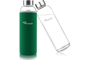 RYACO Borosilicate Glass Water Bottle 550ml BPA-Free Leak Proof Ideal for School Home Office Travel Sport Yoga Gym Hot Cold Drinks with Portable Neoprene Carrying Sleeve and Sponge Brush