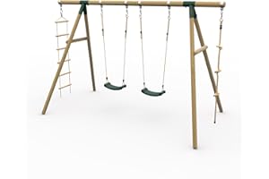 Plum Play Kids Outdoor Wooden Round Pole Swings with Ground Anchors Included - Suitable for up to 50kg per accessory - Up to 5 year Warranty (Quad Green Gibbon)
