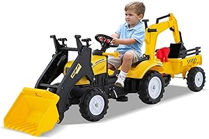 Maxmass Kids Ride on Bulldozer, 3-in-1 Children Pedal Ride on Excavator with Detachable Trailer, Adjustable Digging & Shovel Bucket, Horn Sound, Toddler Tractor Toy Car for 3-6 Years Old (Yellow)